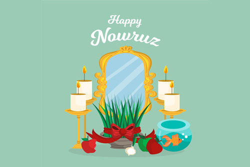 وکتور EPS و Ai لایه باز سفره هفت سین شامل آینه و سبزه و تخم مرغ رنگی و شمع و سیب و ماهی ویژه عید نوروز 